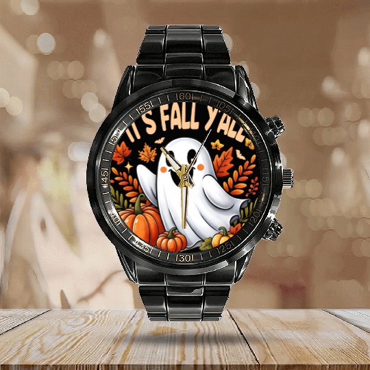 Retro It s Fall Y all Pumpkin Spice Latte Calendar Steel Band Watch