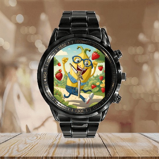 The laughed banana colourful design. Calendar Steel Band Watch