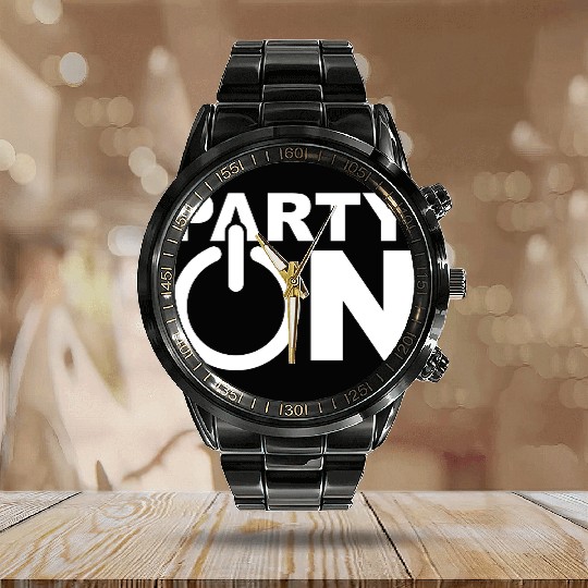 Party On Play Icon Switch Techno DJ Music Symbol Calendar Steel Band Watch