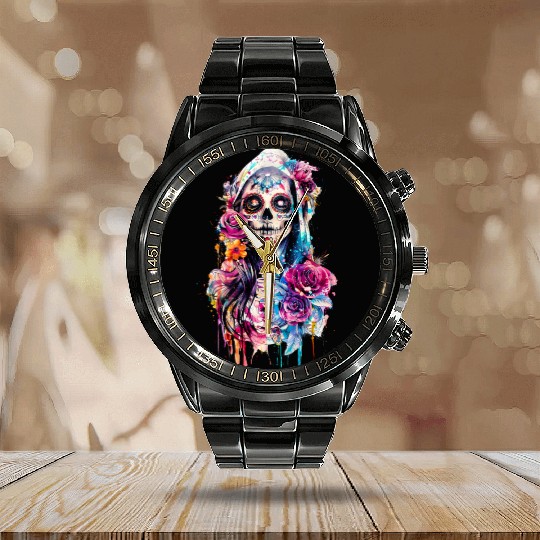 Santa Muerte Saint Mexican Folklore Dead Skull Calendar Steel Band Watch