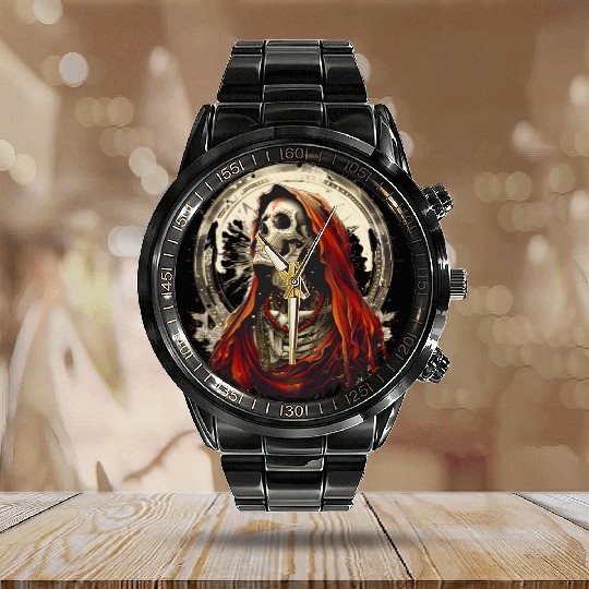 Santa Muerte Saint Death Mexican Sugar Skull Calendar Steel Band Watch
