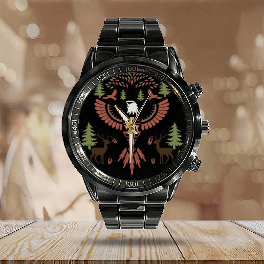 Native American Style Eagle Design Calendar Steel Band Watch