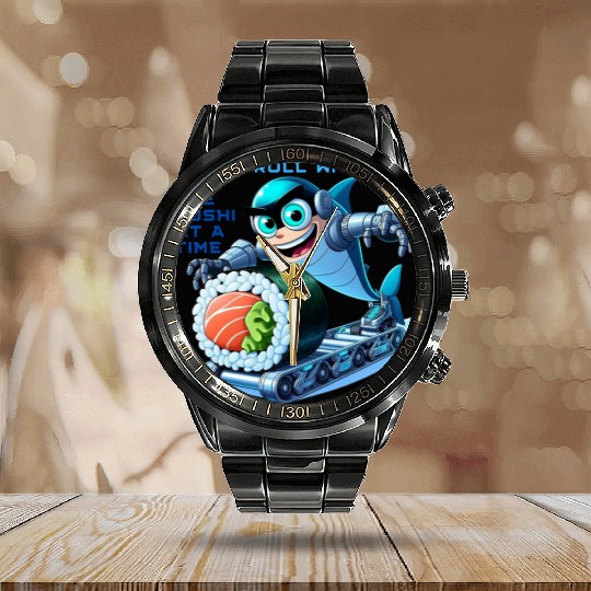funny shark cyborg cyberpunk rolling sushi Calendar Steel Band Watch