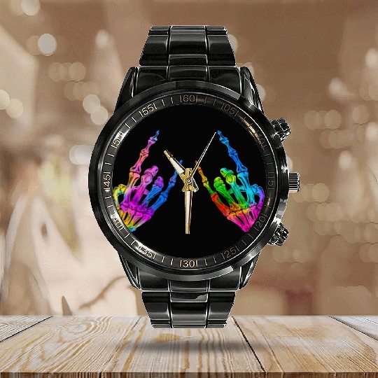 Rock On Rock Star Skeleton Hands LGBT Rainbow Calendar Steel Band Watch