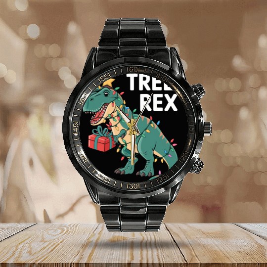 Dinosaur Christmas Tree Rex Pajamas Xmas Lights Calendar Steel Band Watch
