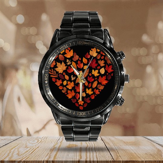 autumnal heart, made from colorful autumn leaves Calendar Steel Band Watch