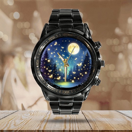 Moonlit Fireflies Calendar Steel Band Watch