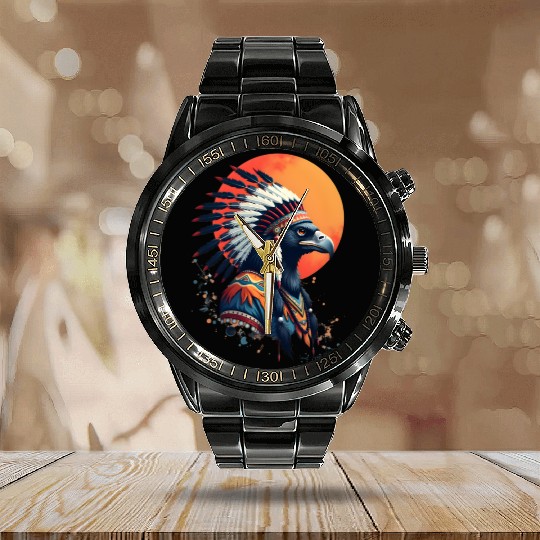 Wind Feather Native American Illustration Calendar Steel Band Watch
