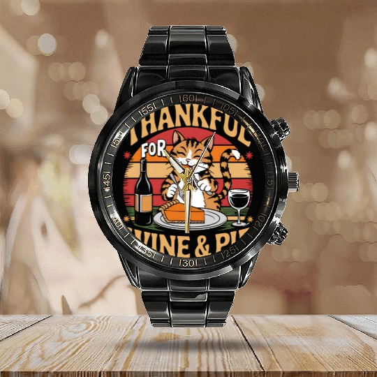 Happy Cat Feasting on Wine and Pie - Thanksgiving Calendar Steel Band Watch