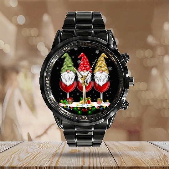 Three Glasses Of Wines Christmas Cute Gnomes Calendar Steel Band Watch