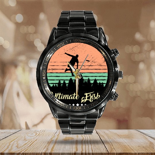 Ultimate Frisbee Vintage Retro Sunset Calendar Steel Band Watch