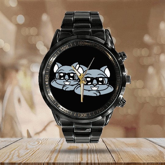 2 Nerd Cats Horn-rimmed Glasses Geek Smart Kitten Calendar Steel Band Watch