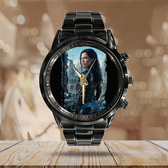 Portrait of a sci-fi cyberpunk girl Calendar Steel Band Watch
