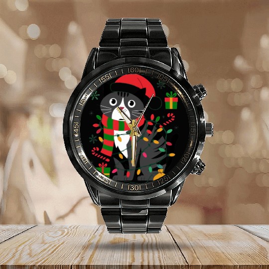 Cute Christmas Cat Design - Festive Lights Calendar Steel Band Watch