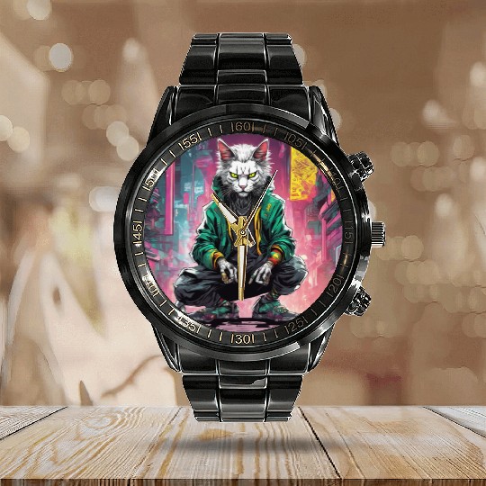 Urban Cyberpunk Cat Rebel Calendar Steel Band Watch