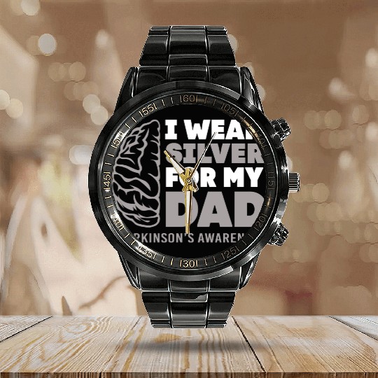 I Wear Silver For Dad Parkinsons Disease Awareness Calendar Steel Band Watch