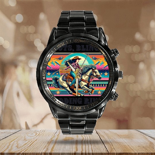 Retro 80's Cowgirl Rodeo | Boots, Bling, & Rings Calendar Steel Band Watch