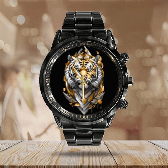 Majestic Tiger Emblem: Gold and Silver Art Calendar Steel Band Watch