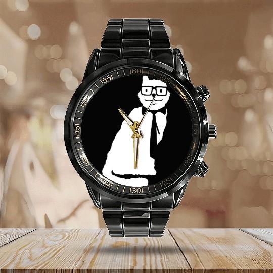Nerd Cat Horn-rimmed Glasses Geek Smart Kitten Fun Calendar Steel Band Watch