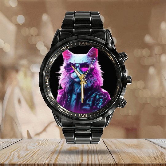 Cyberpunk 80s Disco Cat Calendar Steel Band Watch