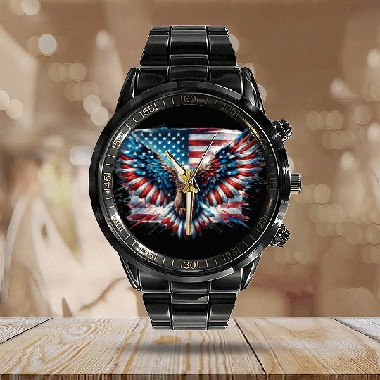 Patriotic American Eagle Pride 4th of July Spirit Calendar Steel Band Watch