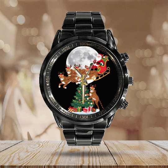 Xmas Tree Lights Funny Santa Riding Cheetah Calendar Steel Band Watch