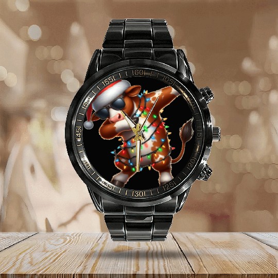 Dabbing Hereford Cattle Farmer Sunglasses Calendar Steel Band Watch