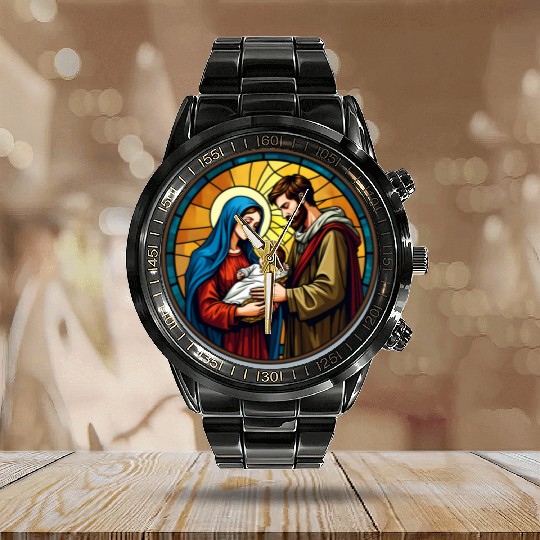 Holy Family Stained Glass Nativity Ar Calendar Steel Band Watch