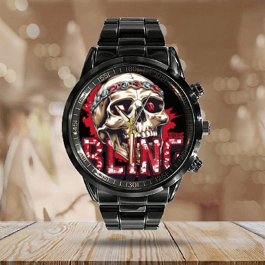 Diamond and Ruby Bling Skull Calendar Steel Band Watch