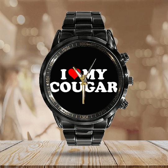I Love Cougars Cougar Humor Valentine's Day 3BK1 Calendar Steel Band Watch