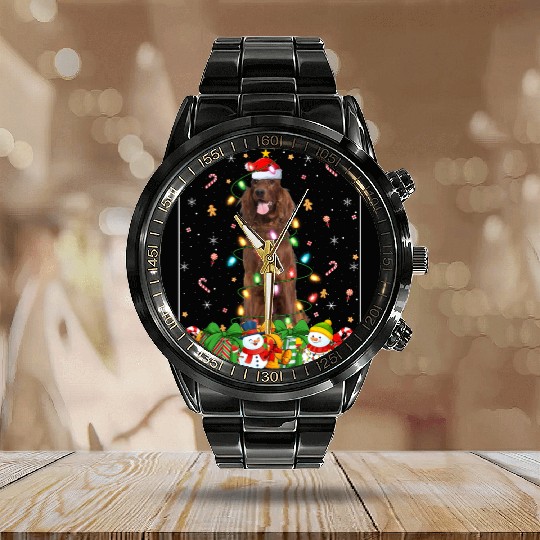 Irish Setter Dog Christmas Lights Calendar Steel Band Watch