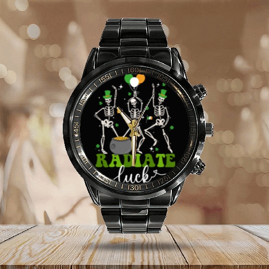 Skeleton Radiate St Patricks day shamrock Calendar Steel Band Watch