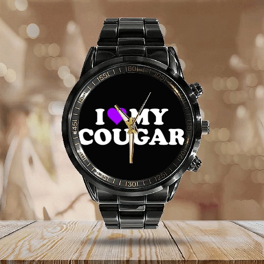 I Love Cougars Cougar Humor Valentine's Day 3BK4 Calendar Steel Band Watch