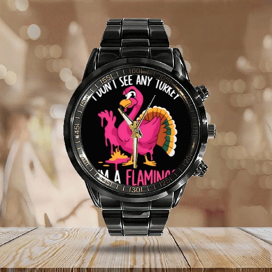 Fun Flamingo Thanksgiving Themes Calendar Steel Band Watch