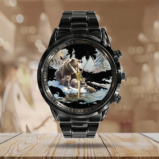 Retro 399 Grizzly Bears Wilderness Scene 90s Calendar Steel Band Watch