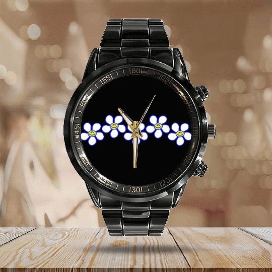 White Daisies Flowers Spring Summer Faces Funny Calendar Steel Band Watch