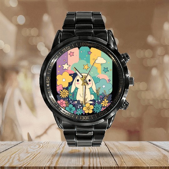 Cute Easter Bunny Surrounded By Flowers Calendar Steel Band Watch