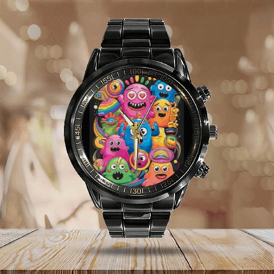 Neon Groovy Monsters Retro Psychedelic Vibes retro Calendar Steel Band Watch