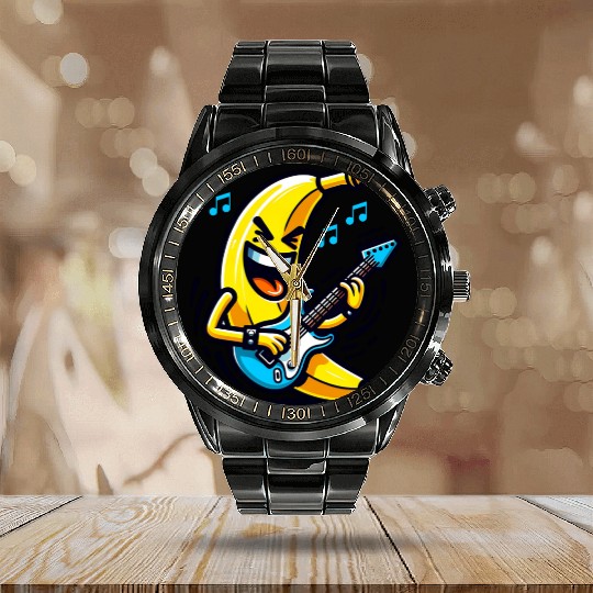 Rockin' Banana with Electric Guitar – Fun Cartoon Calendar Steel Band Watch