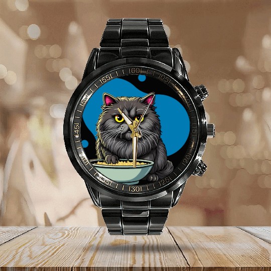 Persian Cat with Food Bowl - Adorable Cartoon Styl Calendar Steel Band Watch