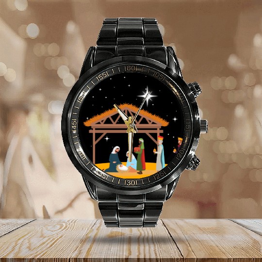Christmas Holiday Manger Nativity Scene Calendar Steel Band Watch