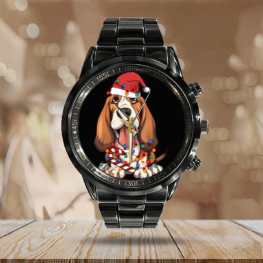Basset Hound Santa Christmas Lights Dog Lover Calendar Steel Band Watch