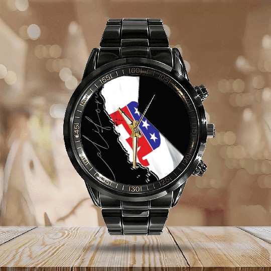 Republican Flag in California State Map CA Calendar Steel Band Watch