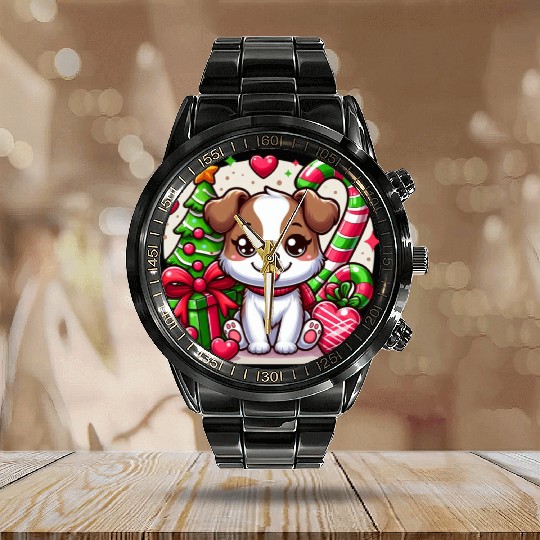 FUNNY CHRISTMAS DOG Calendar Steel Band Watch
