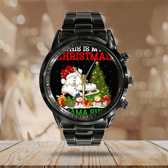 Ice Skating Christmas Tree Lights Calendar Steel Band Watch
