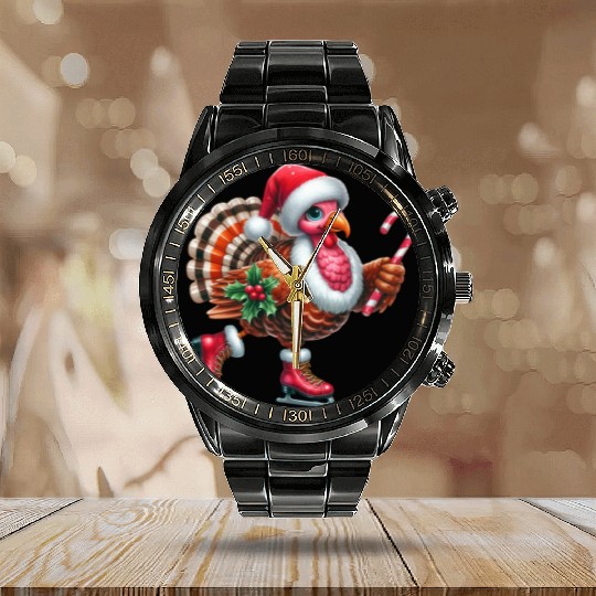 Turkey Ice Skating with Candy Cane and Santa Hat Calendar Steel Band Watch
