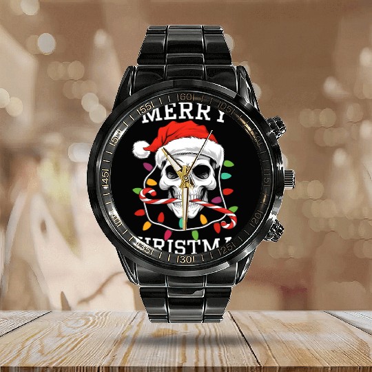 Merry Christmas Skull Skeleton with Santa Hat Xmas Calendar Steel Band Watch