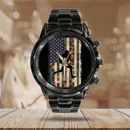 Camo US Flag American Vintage Football Player Calendar Steel Band Watch