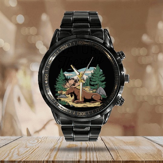 Moose in the Wild - Nature Therapy Graphic Calendar Steel Band Watch