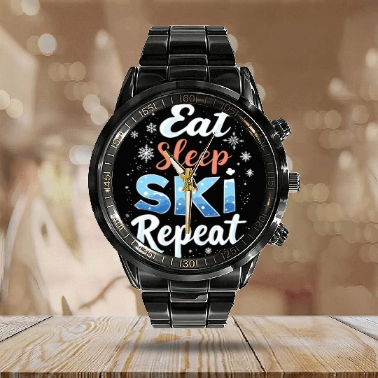 Eat Sleep Ski Repeat Ski Winter Sports Skiers Calendar Steel Band Watch